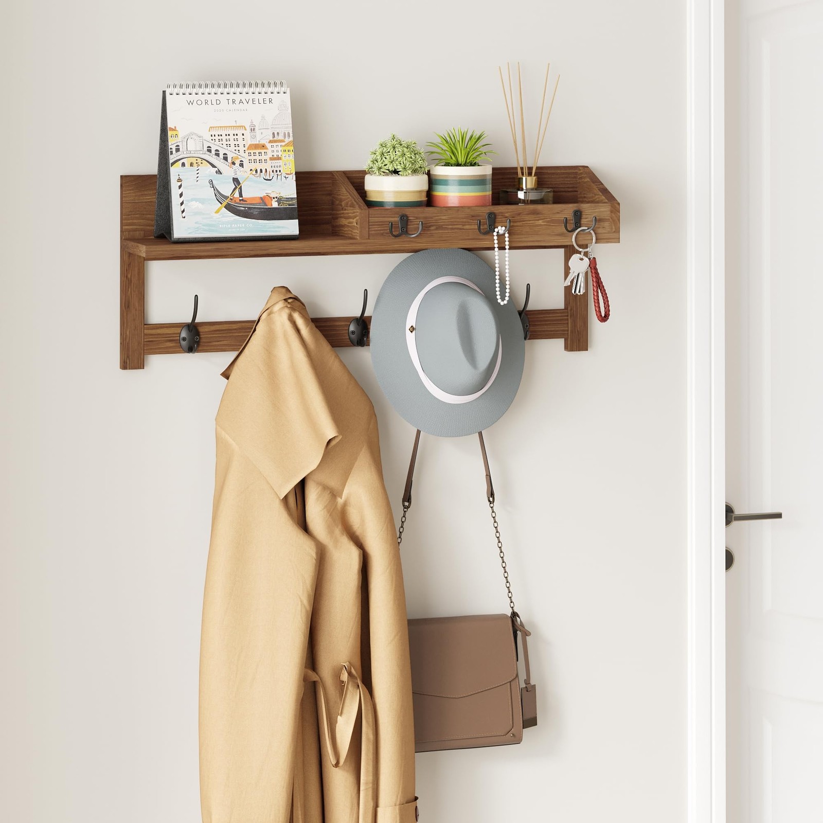 AMBIRD Wall Hooks with Shelf, 26.57 Inch Entryway Wood Coat Hooks for Wall wi…