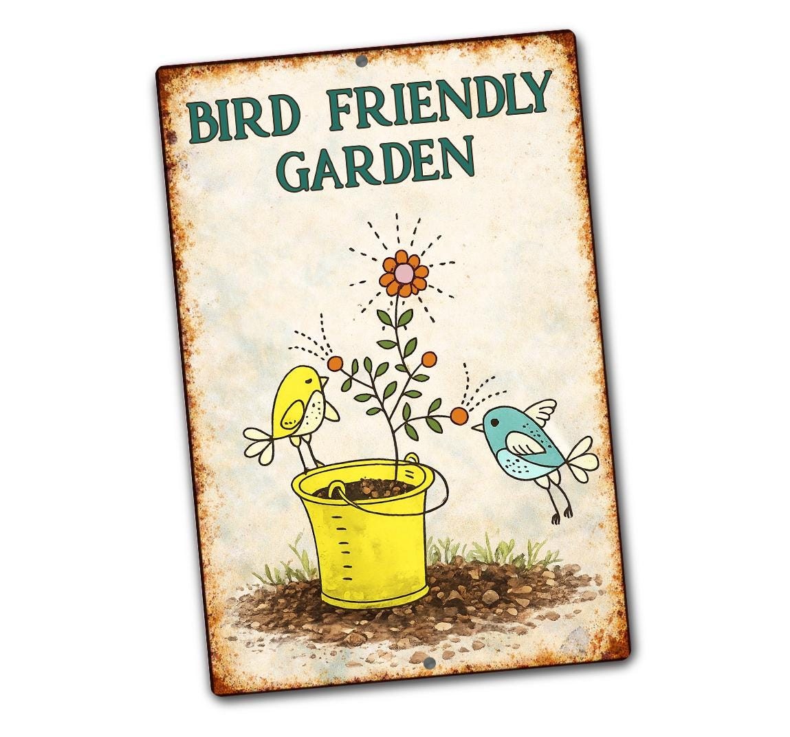 Bird Friendly Garden Metal Sign, Whimsical Yard Decor for Bird Lovers