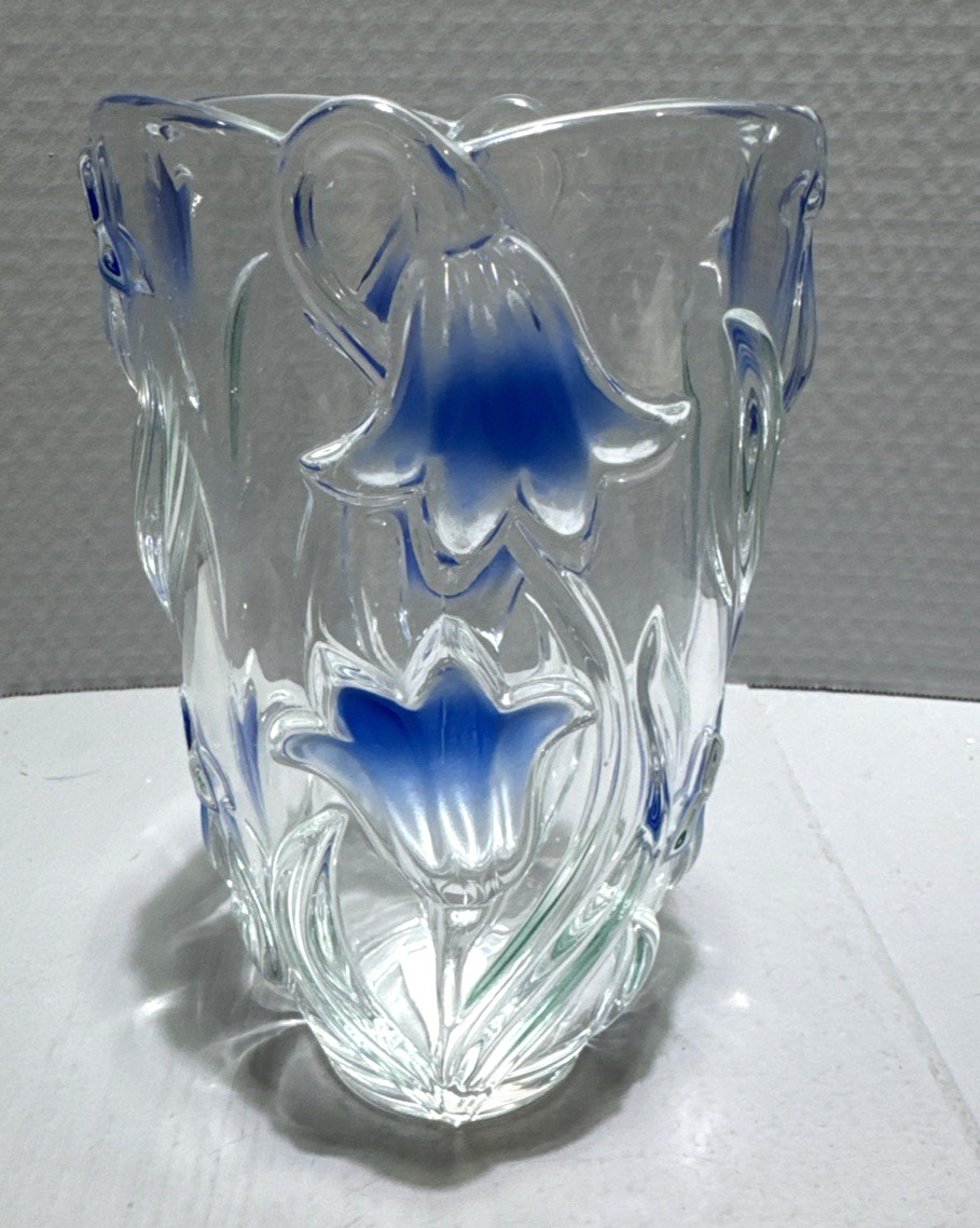 Mikasa Bluebells Tulips Glass Vase Clear with Blue and Green 8&Prime;