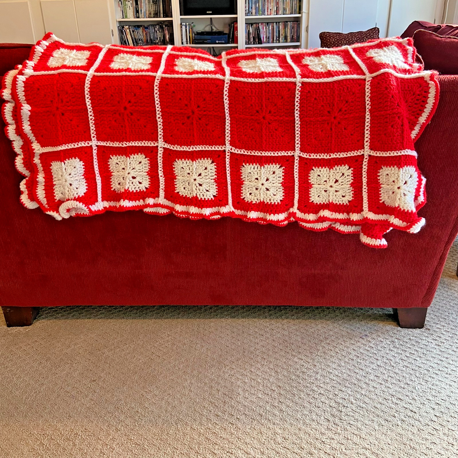 VTG Handmade Crochet Afghan Blanket 73×41 Red White Square Throw Ruffle Edge