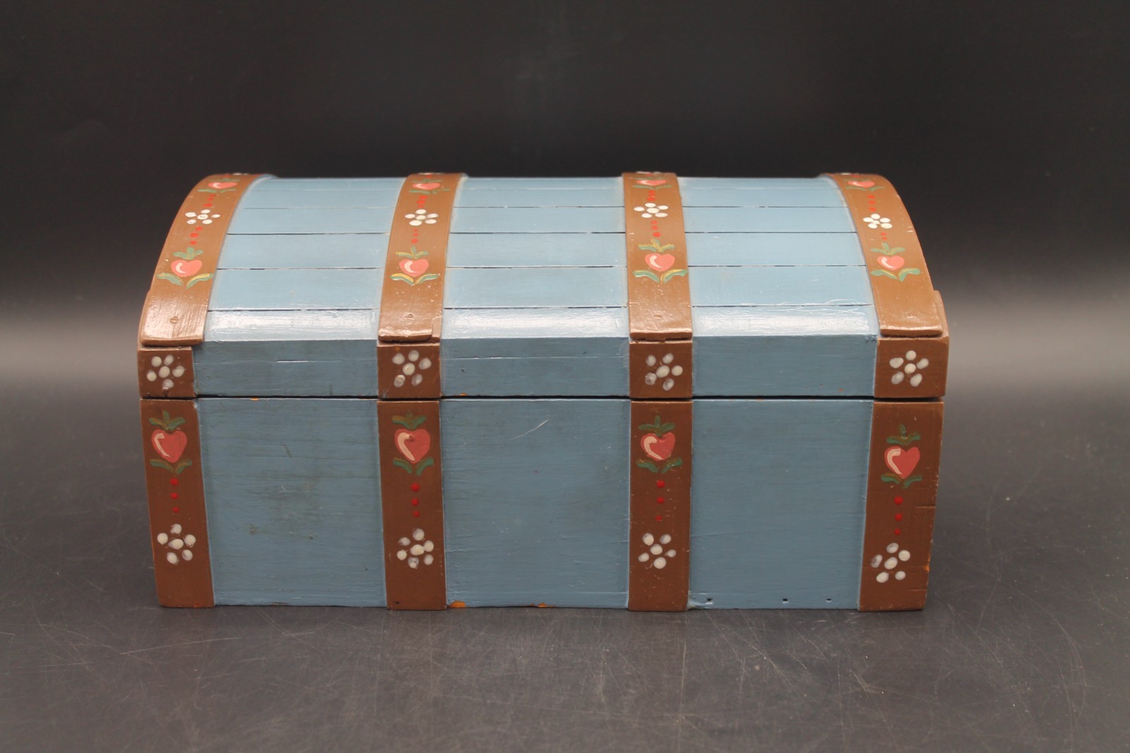 Title Hand Painted Wooden Treasure Chest Folk Art Storage Box Blue Heart Floral