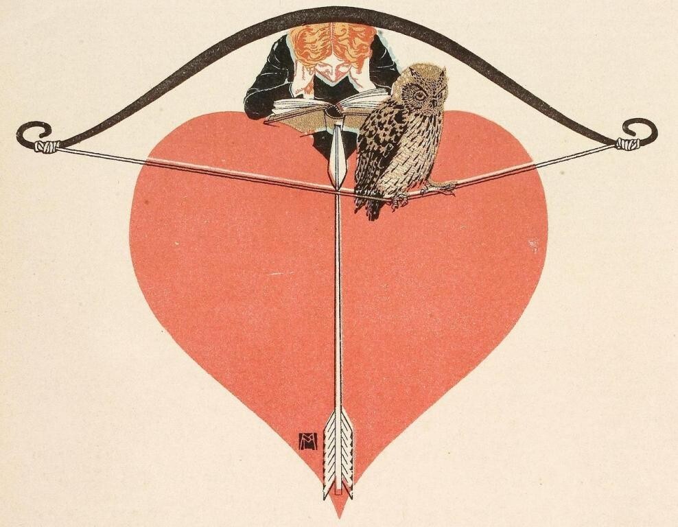 Owl and Heart Print – Mila von Luttich Art Nouveau Symbolic Illustration 1918