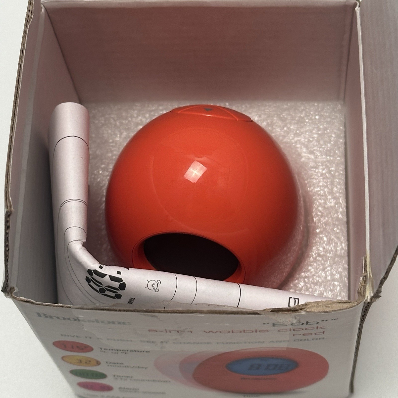 Brookstone Bob 5 in 1 Wobble Clock Silver Egg Digital Alarm Timer Temp Open Box