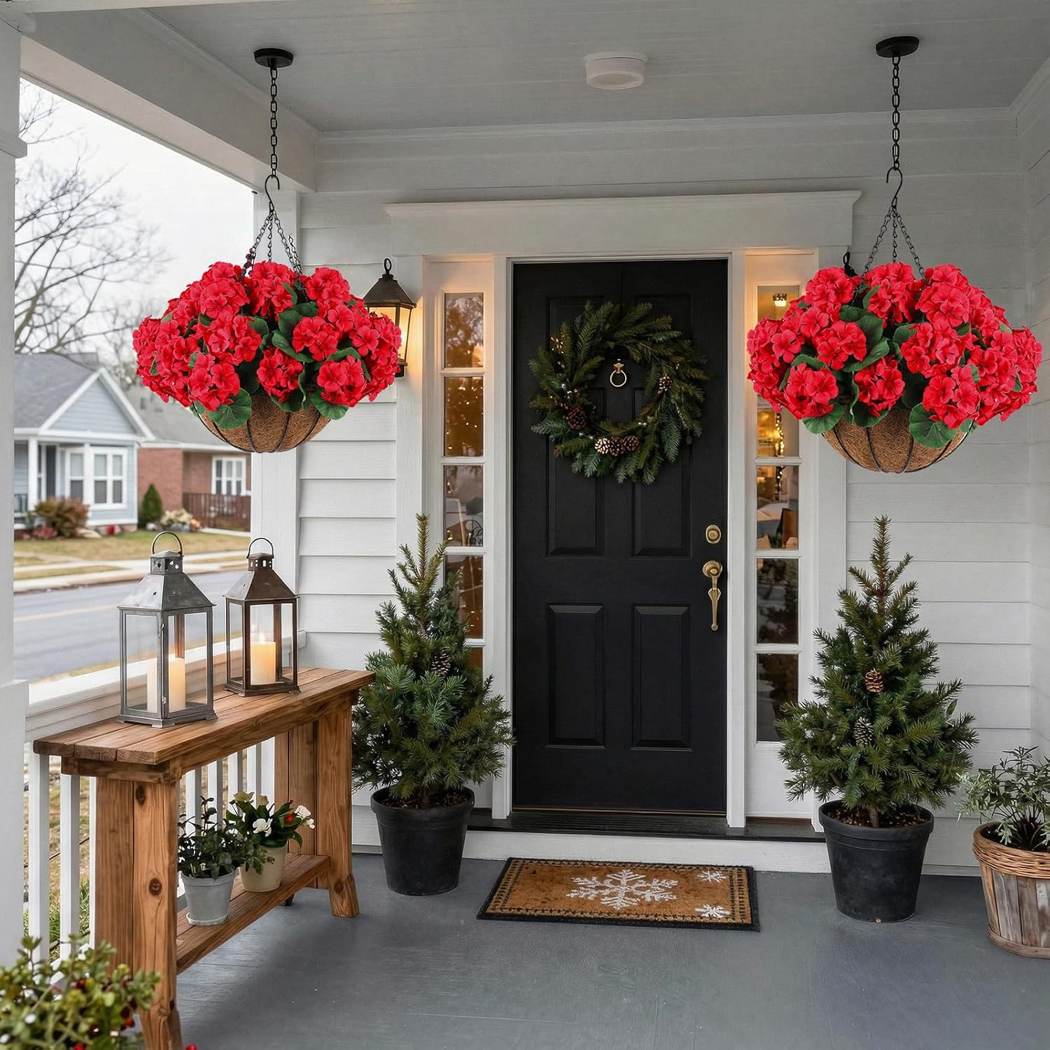 2 Set Artificial Red Geraniums Flowers for Outdoors with Hanging Baskets, 2 Hang
