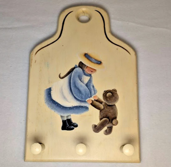 Vtg Folk Art Wooden Wall hanging with 3 Towel Pegs Girl Bear Dancing