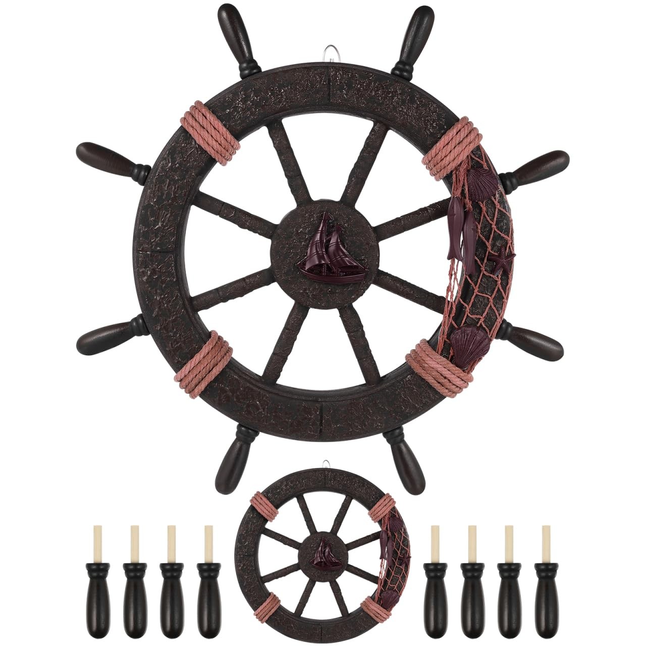 17.68 Inch Ship Wheel Wall Decor, Nautical Wall Decor for Home, Wooden Pirate…