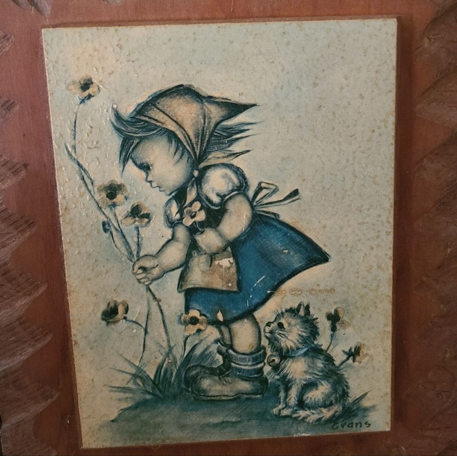 vintage 1970s hummel style Evans wooden wall plaques cottagecore set of 2