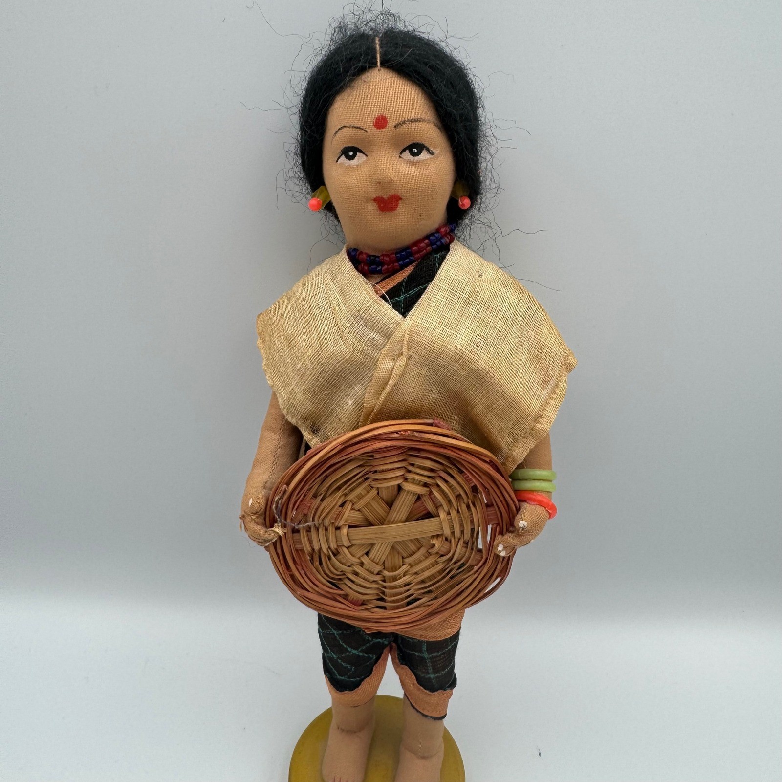 Vintage Folk Art Doll Woman Holding Basket Ethnic Traditional Outfit