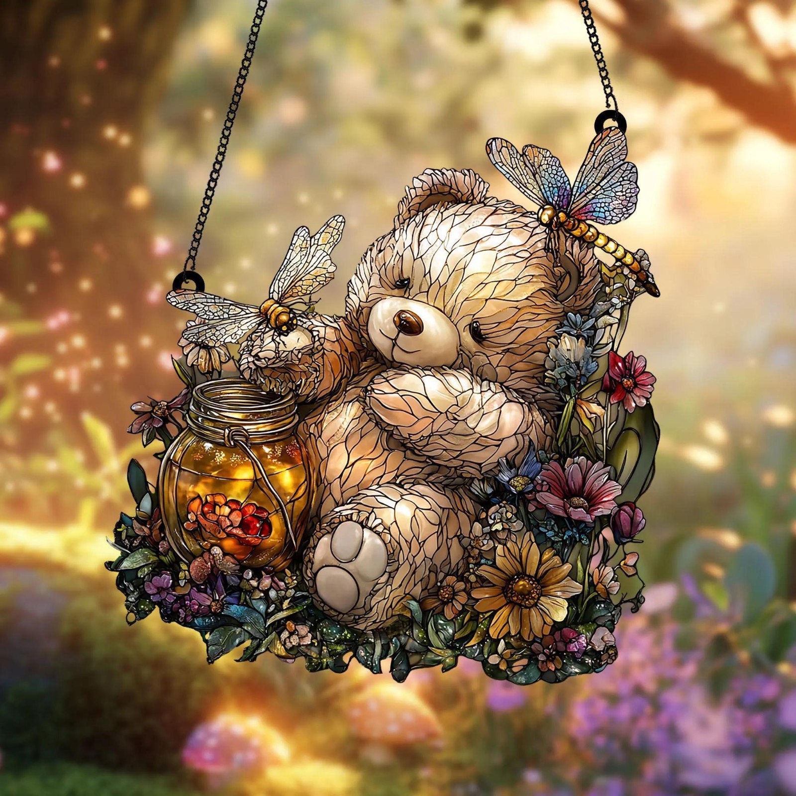 Teddy Bear & Fireflies Acrylic Suncatcher – Charming Forest Scene