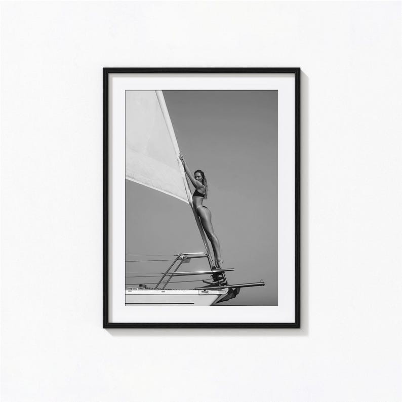 Woman on Sailboat Print, Black and White Yacht Wall Art, Coastal Print