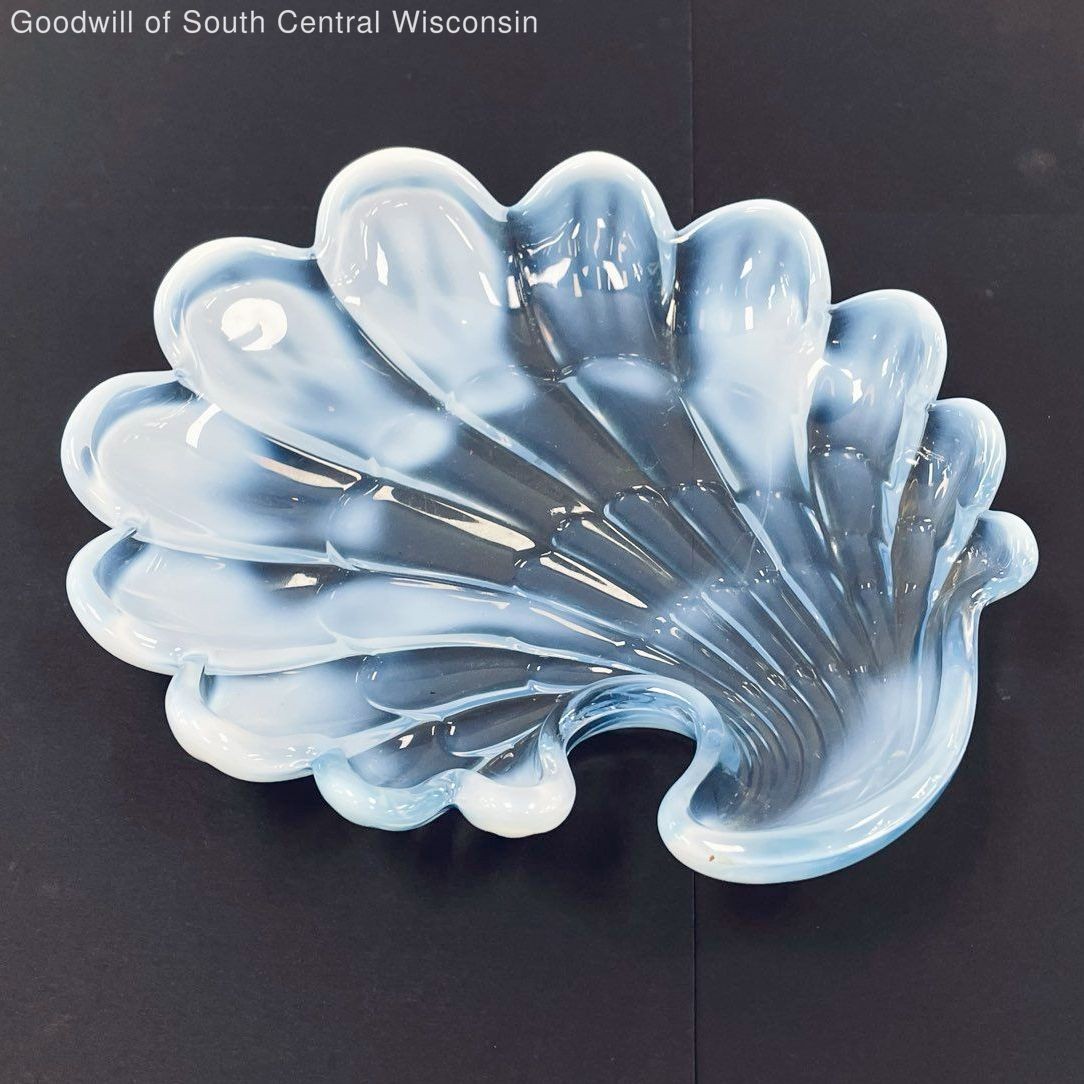 Opalescent Glass Shell Dish Decorative Bowl Blue White
