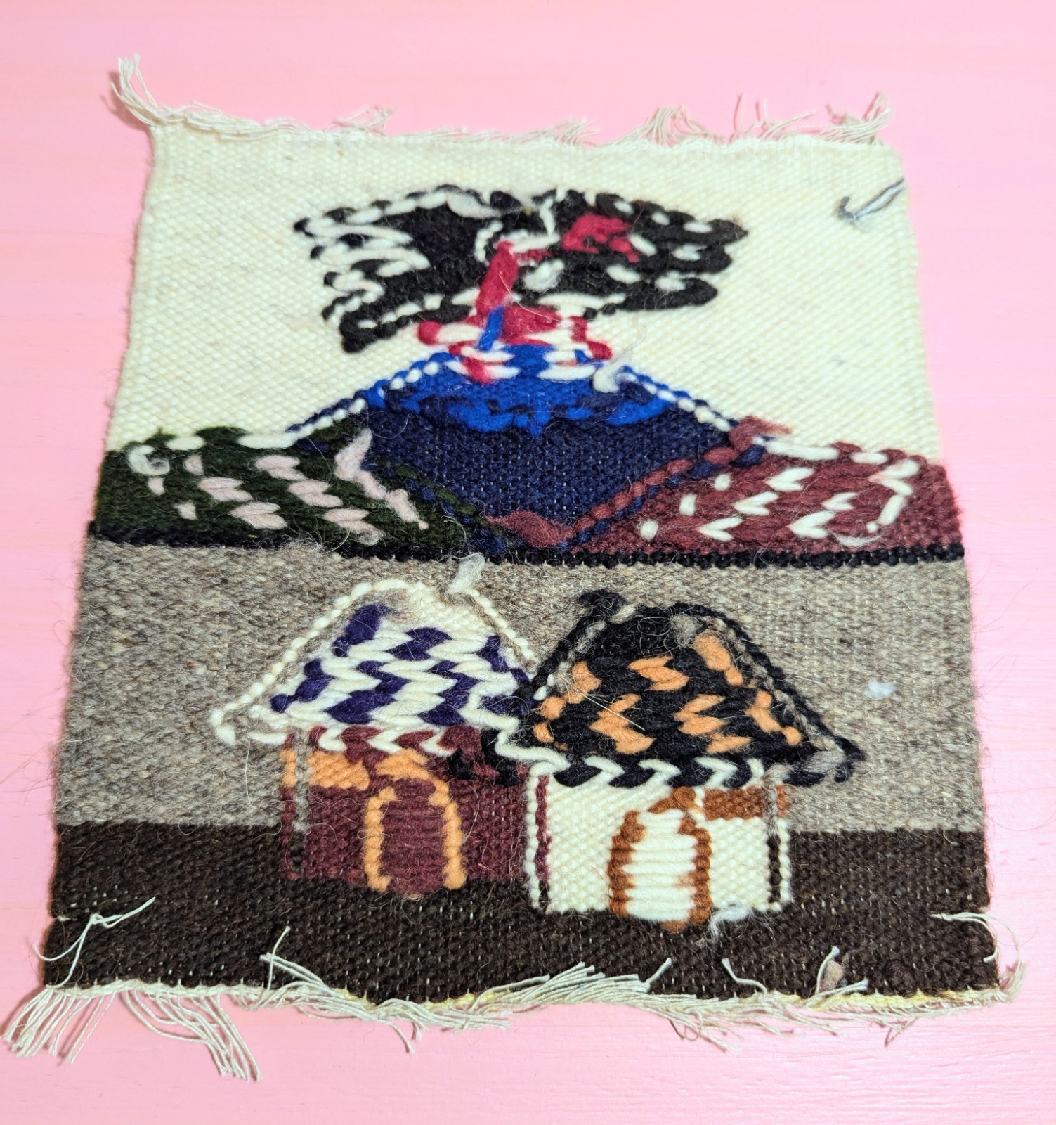 Vintage Peruvian Huts & Eagle Hand Woven Wool Tapestry Wall Hanging 8&Prime;x8.5&Prime;
