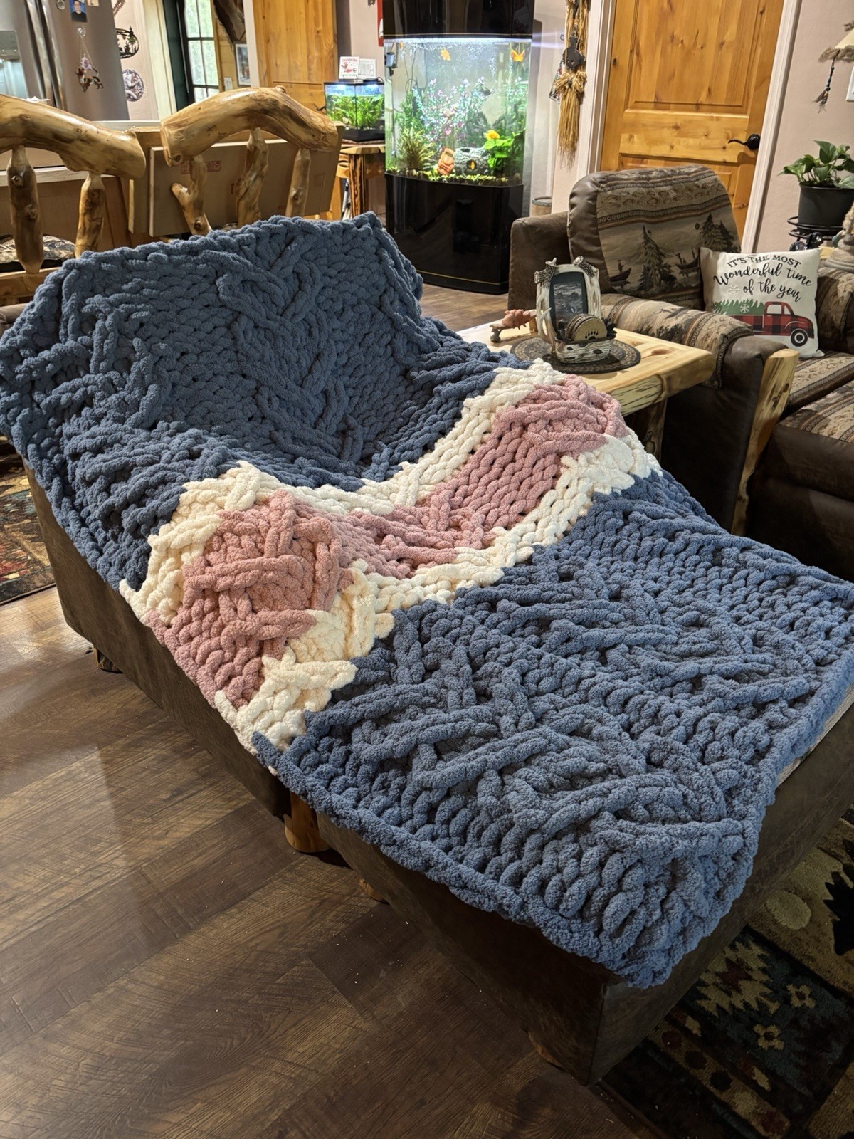 Chunky Knit Chevron Sofa Throw Blanket, Blue Pink Cream, Rectangle, Decor