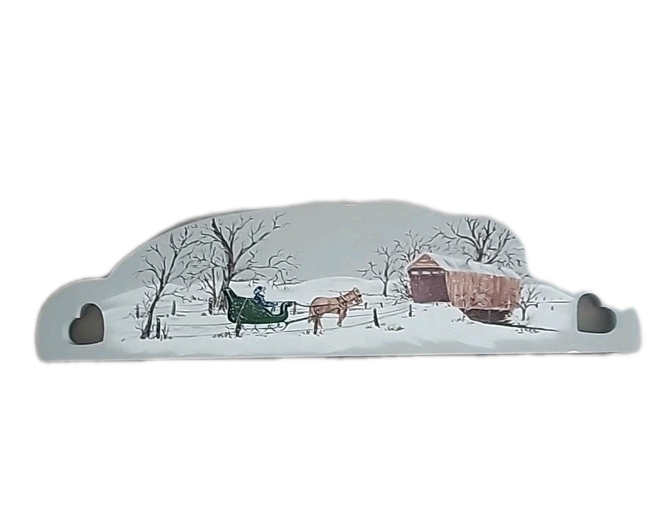 Vtg Handpainted Winter Scene Folk Art Over The Door Wood 2 Sided Plaque 20&Prime;