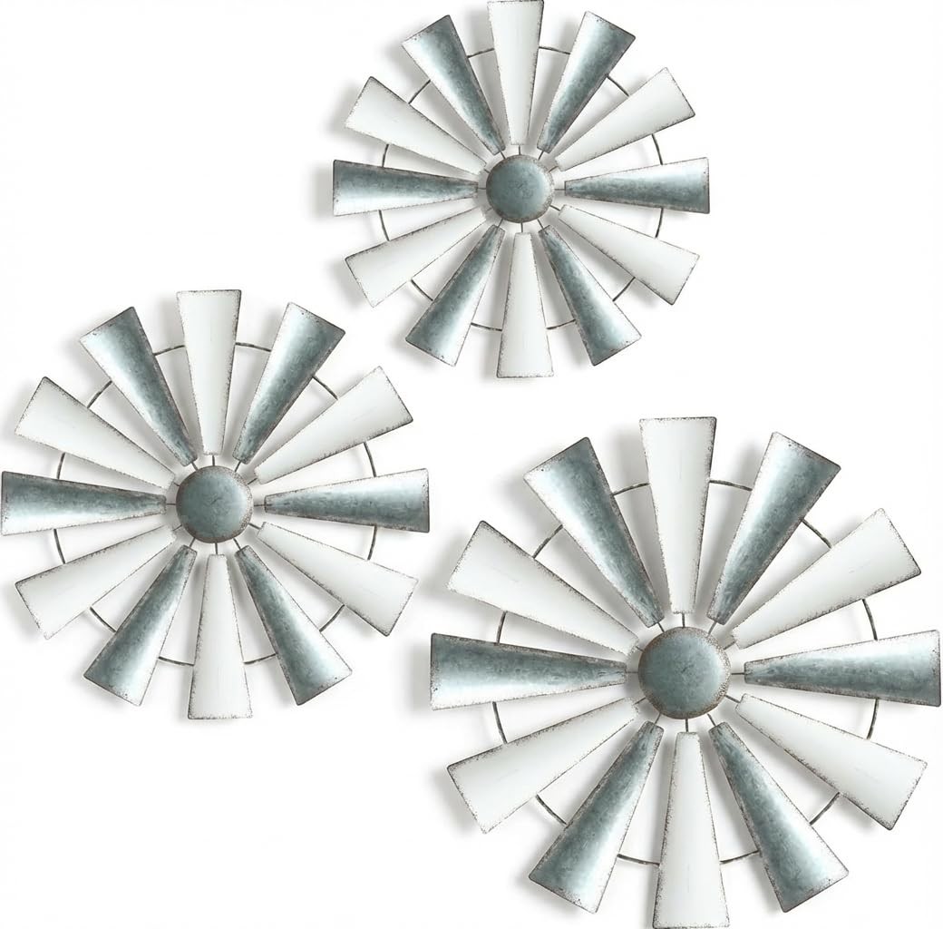 – 3 Pcs Metal Windmill, White and Galvanized Hanging Wall Decor, Farmhouse Wa…