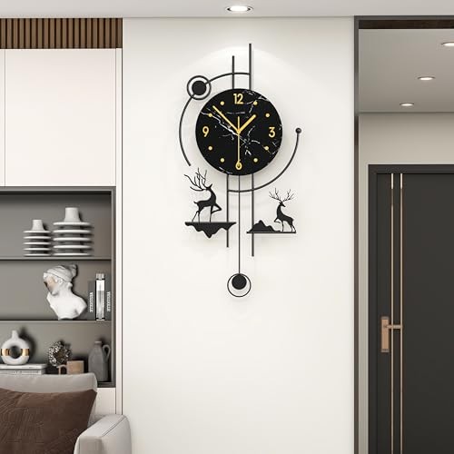 Large Modern Wall Clock with Pendulum –Silent Quartz Battery 12.6*26 in Black