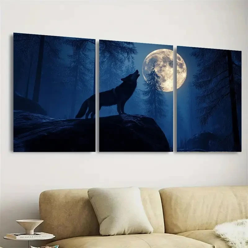 3pcs Wolf howling at full moon eerie forest Wall Art Canvas Framed 50x70cm