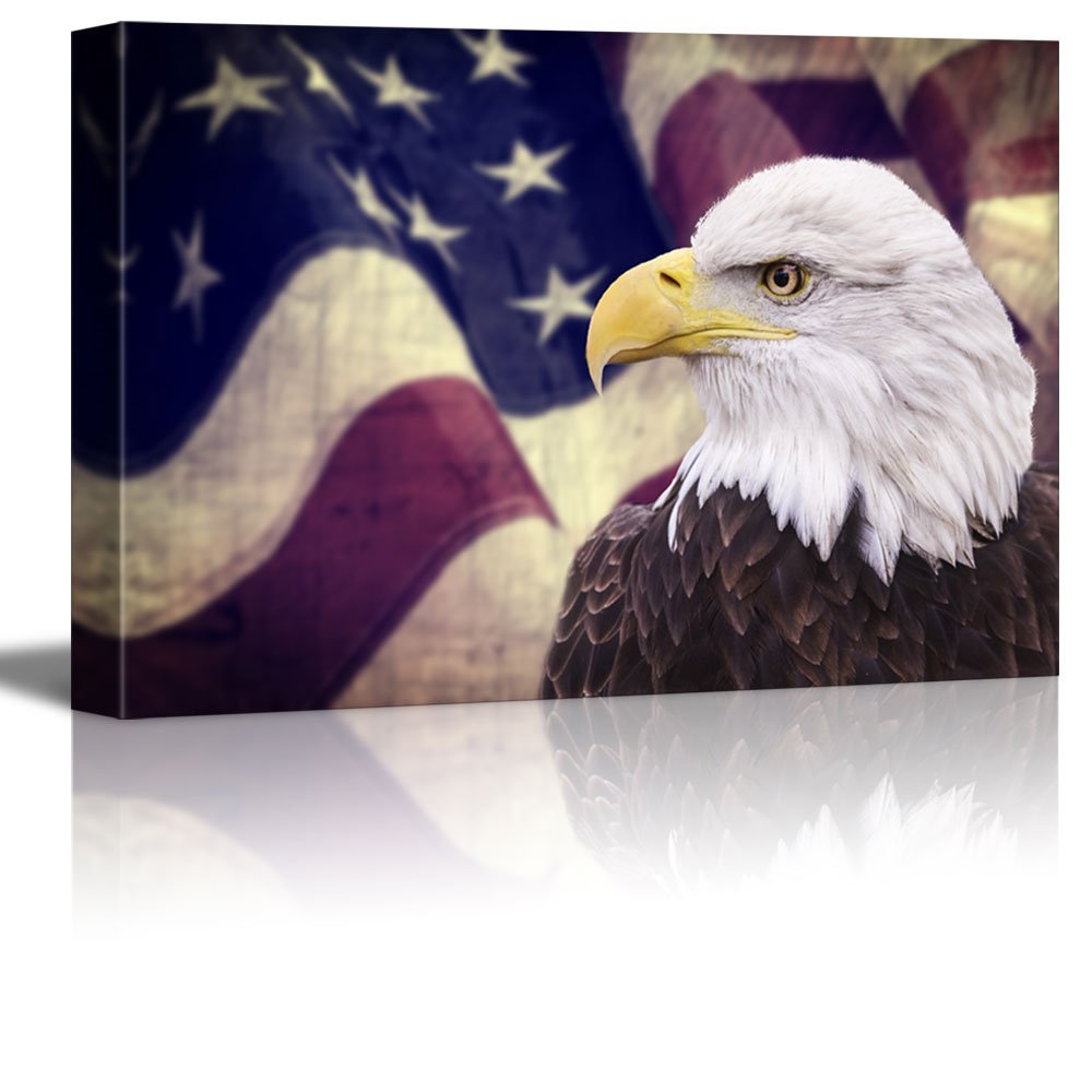 Canvas Prints- Bald Eagle with the American Flag |Patriotic Theme- 24&Prime; x 36&Prime;