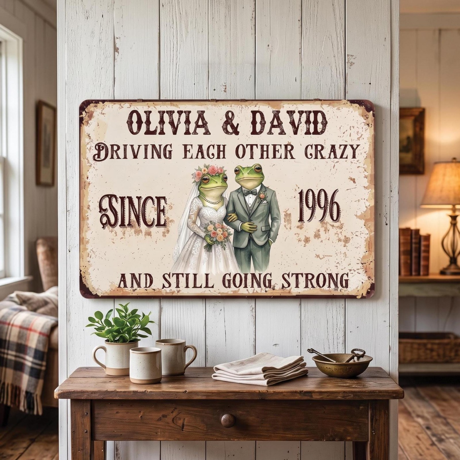 Personalized Wedding Anniversary Metal Sign, Funny Frog Couple Gift