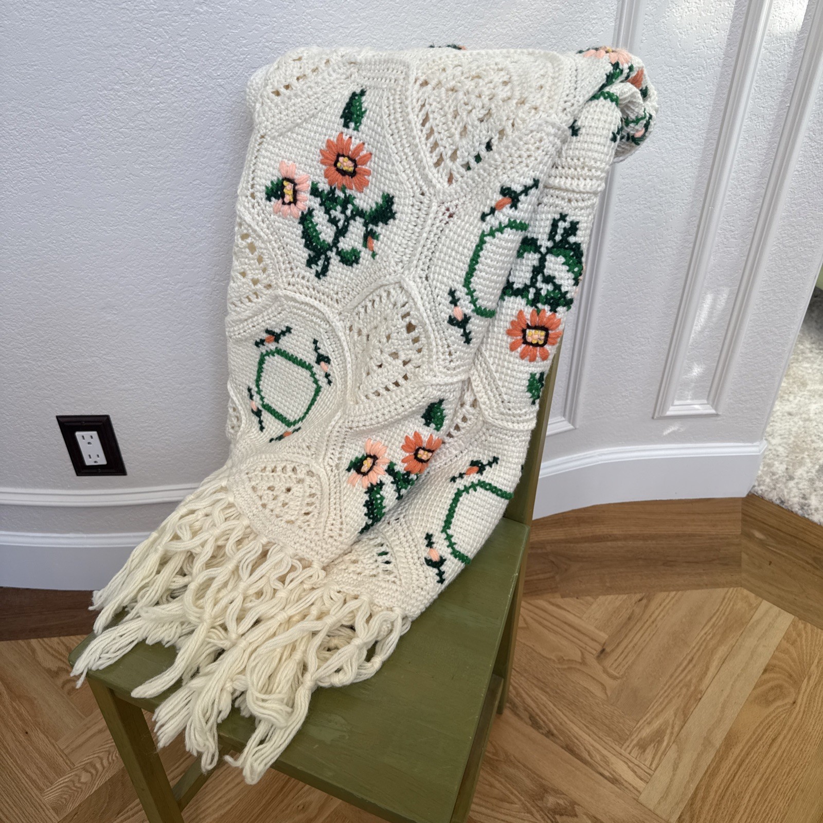 Cream Crocheted Blanket w/ Hexagons Embroidered Peach Floral Designs Fringe Ends