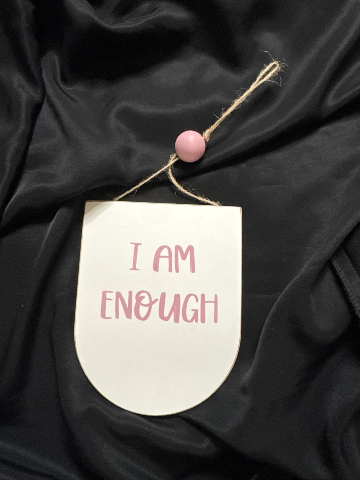 White And Pink “I Am Enough” With Bead Wooden Plaque Sign Reminder Mental Health