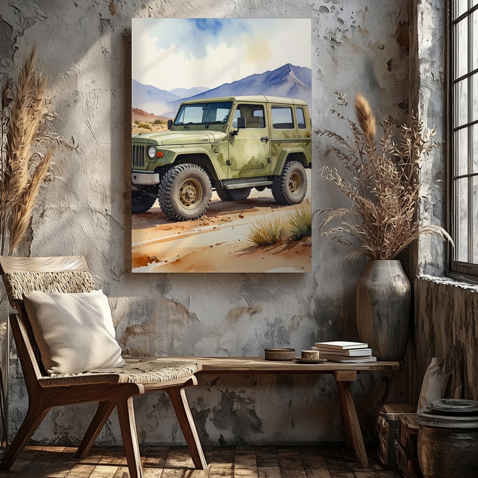 Camouflage Off Road Jeep Canvas Watercolor Desert Adventure Wall Art