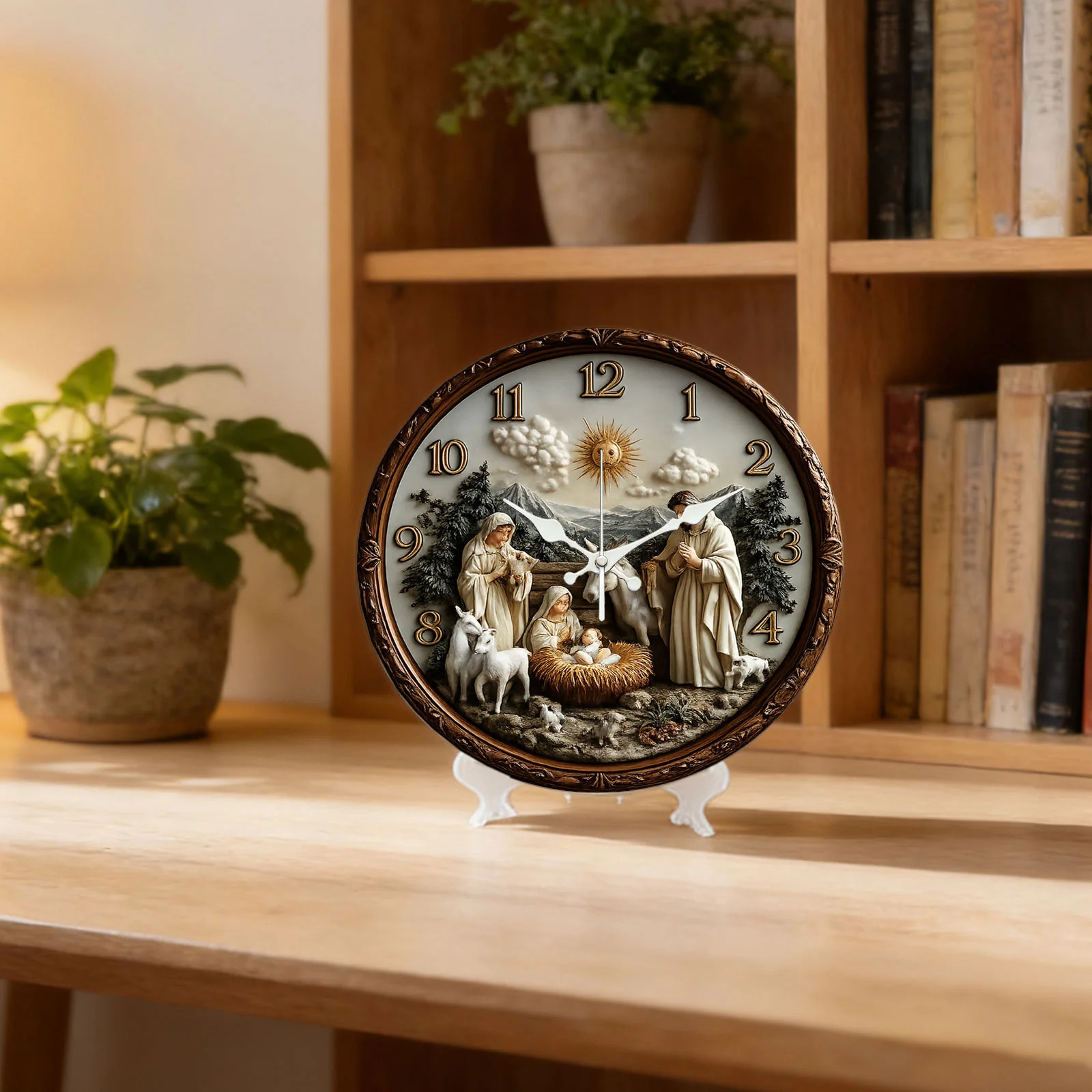 Nativity Scene Wall Clock Wooden Silent Clock No Battery Holiday Home Decors