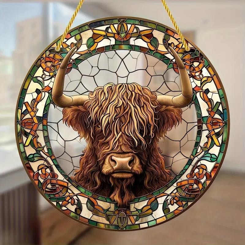 Detailed Shaggy Highland Cow Portrait Round Acrylic Wall Hanging Adornment