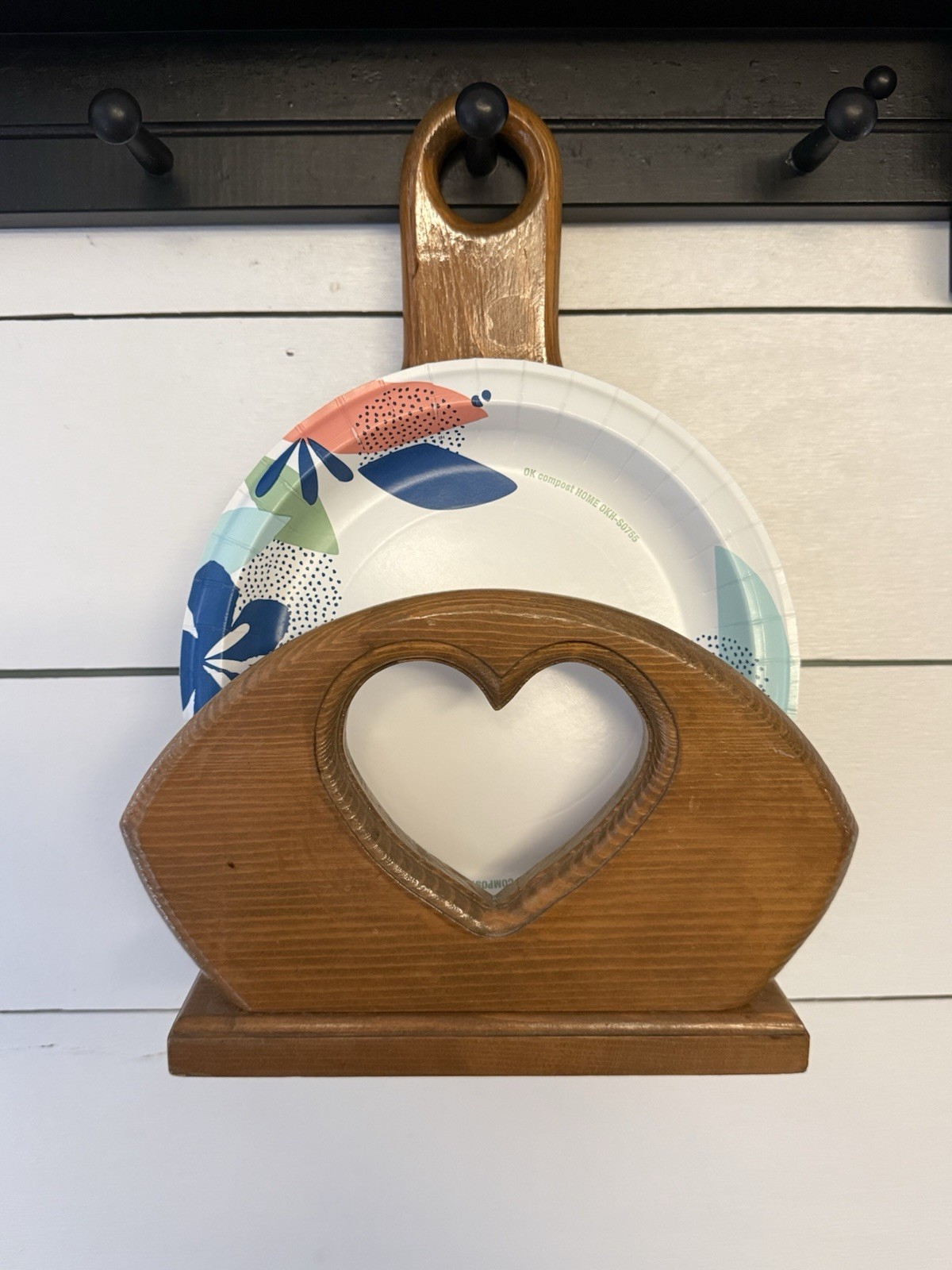Vintage Wood Paper Plate Napkin Holder Heart Cut Out Hanging or Countertop