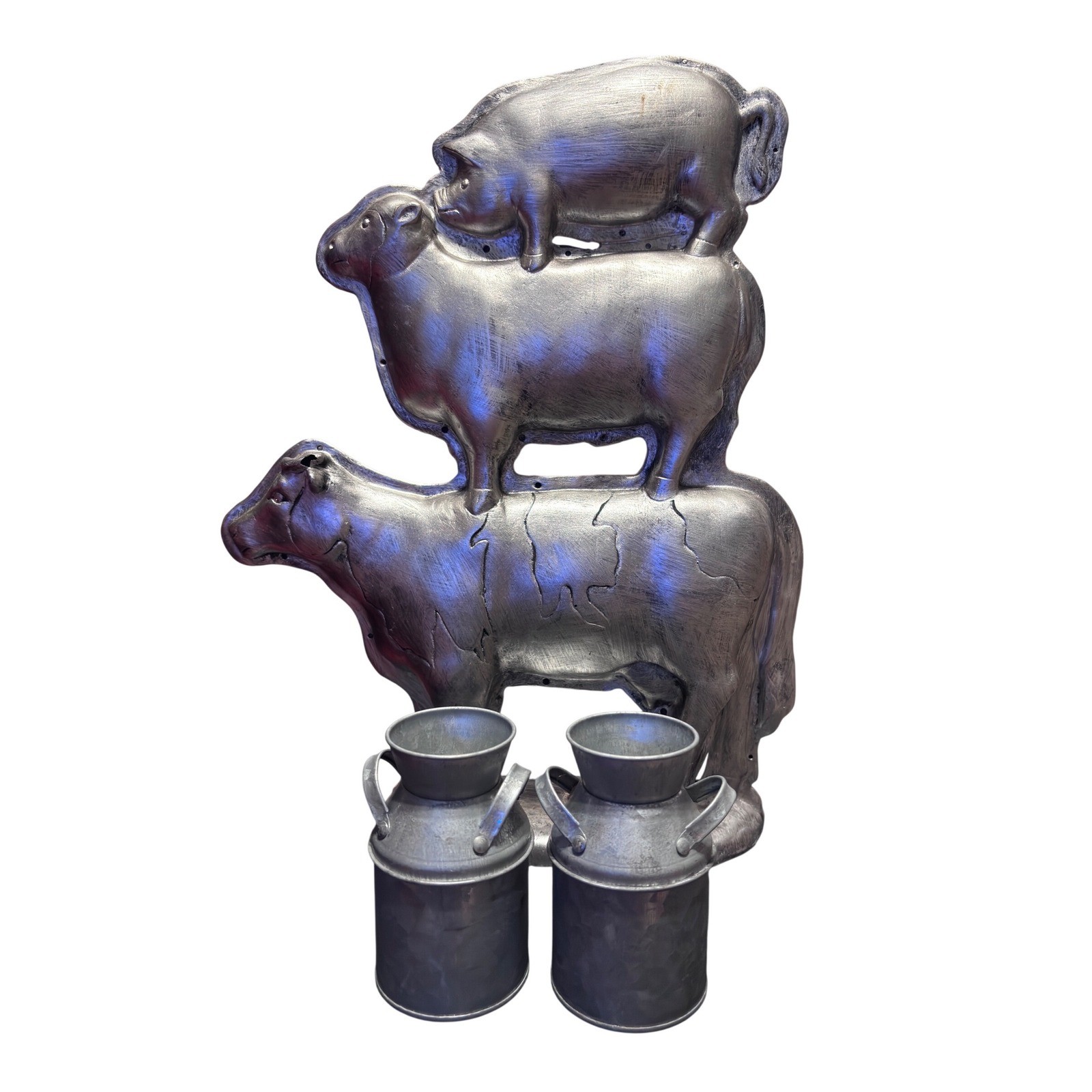 Farmhouse Animal Stack Figurine & Milk Jugs Silver Gray Excellent 3pc