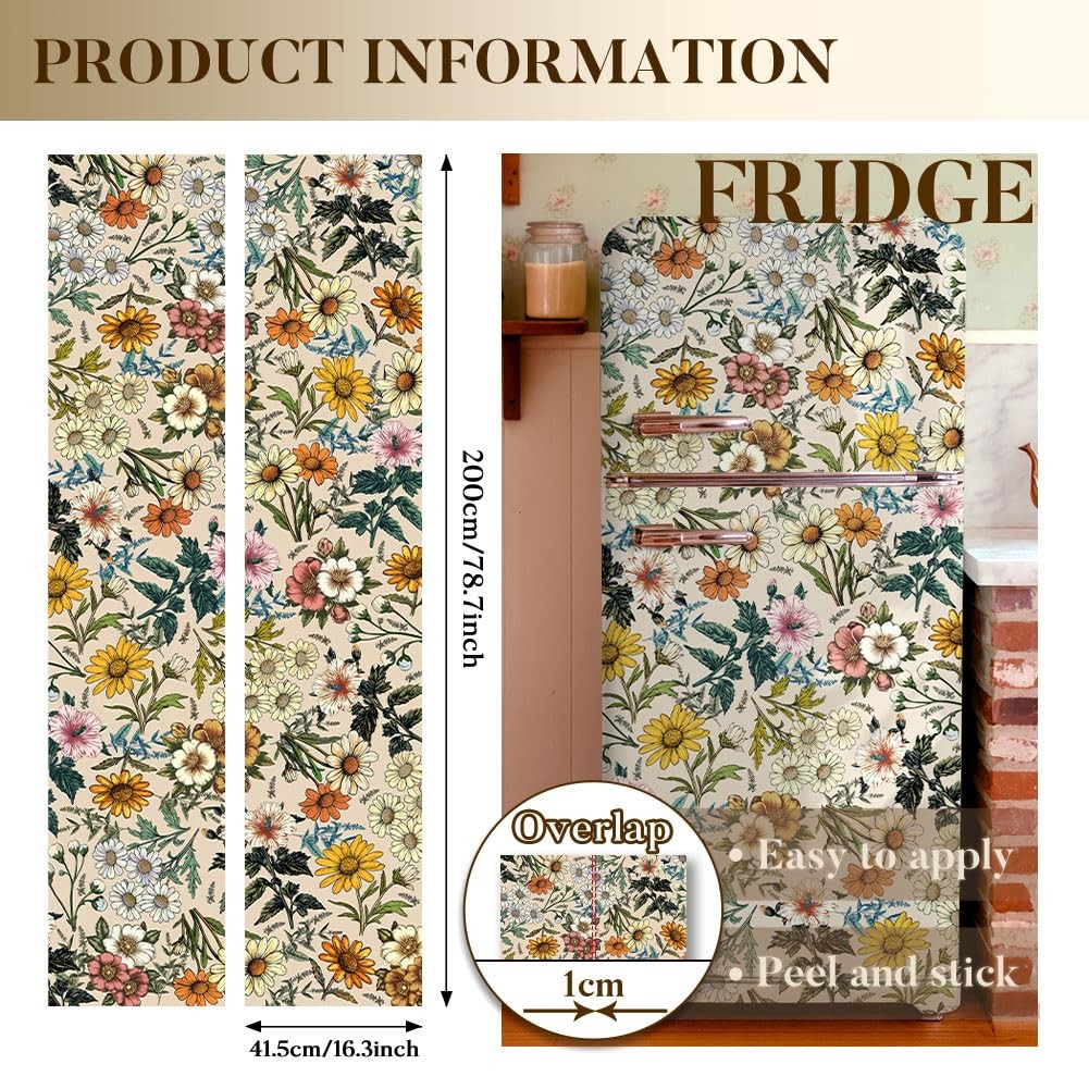 2 Pcs Flower Removable Refrigerator Wraps, -Adhesive Fridge Stickers Peel and…