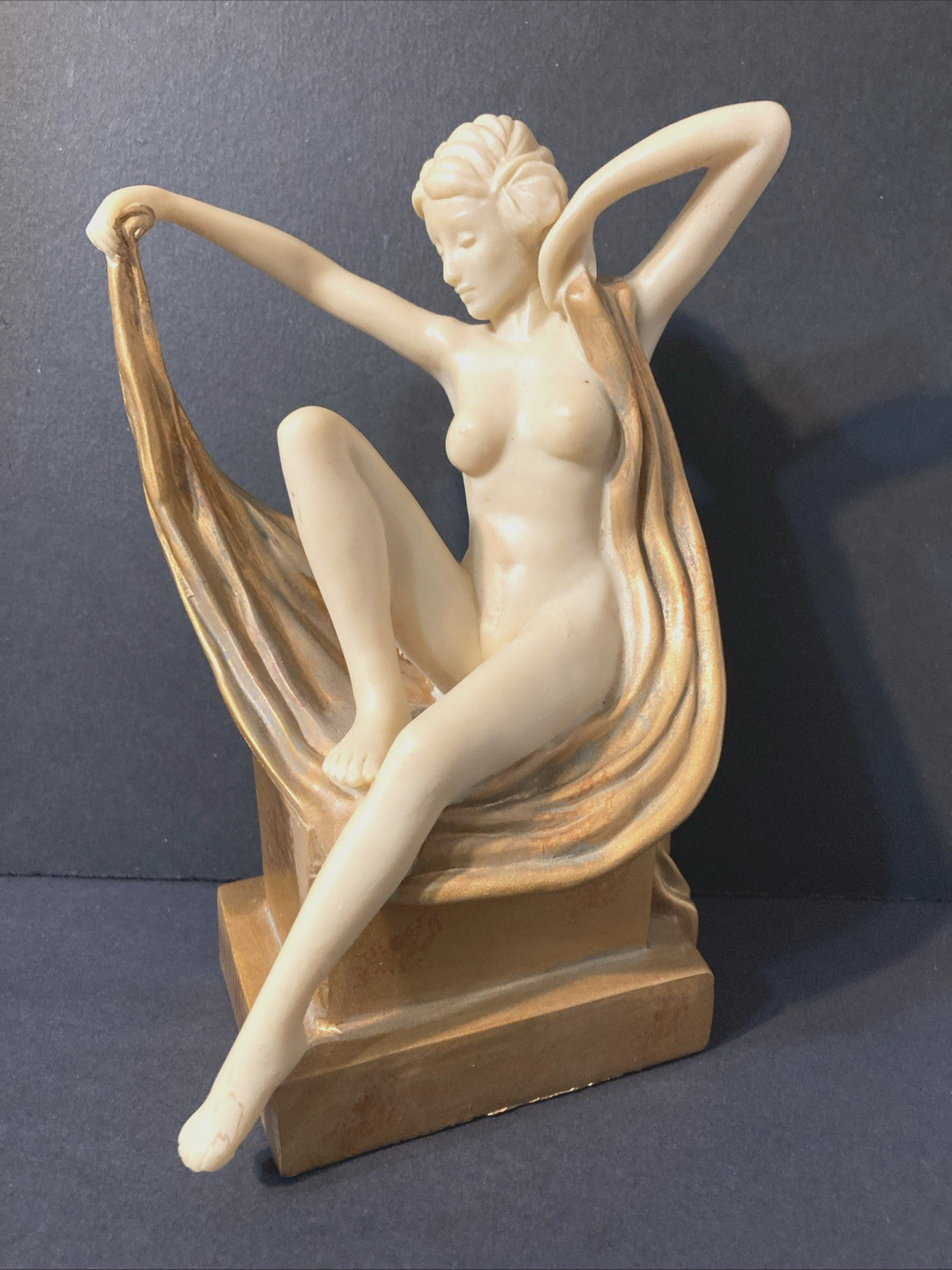 1920s Replica – Art Deco Sitting Nude Statue – Ivory Toned Resin w/Gold Leaf