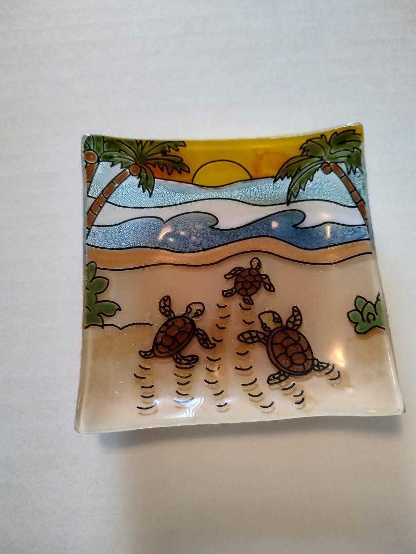 Hatching Baby Sea Turtle Fused Art Glass Sm Square Plate Dish Ecuador Fair Trade