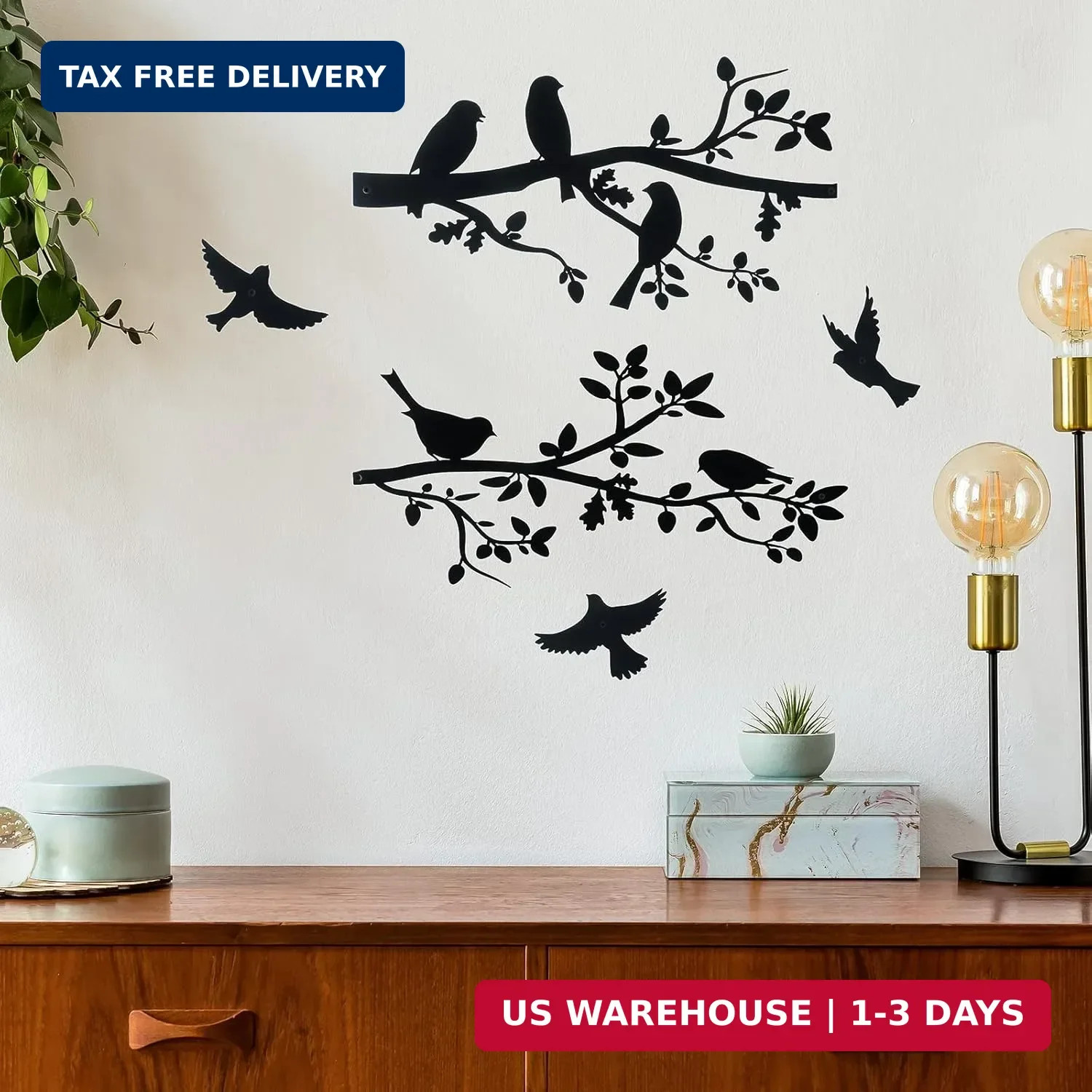 Metal Wall Art Birds on Branch Set of 5 Hanging Bird Silhouette Garden Decor