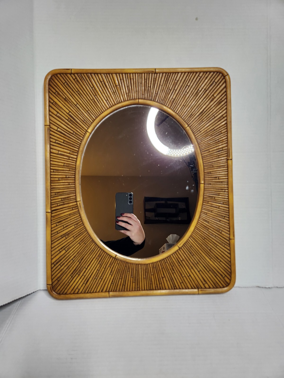 Vintage 1978 Dart Inc Plastic Faux Rattan Bamboo Wicker Mirror Hanging Wall Deco
