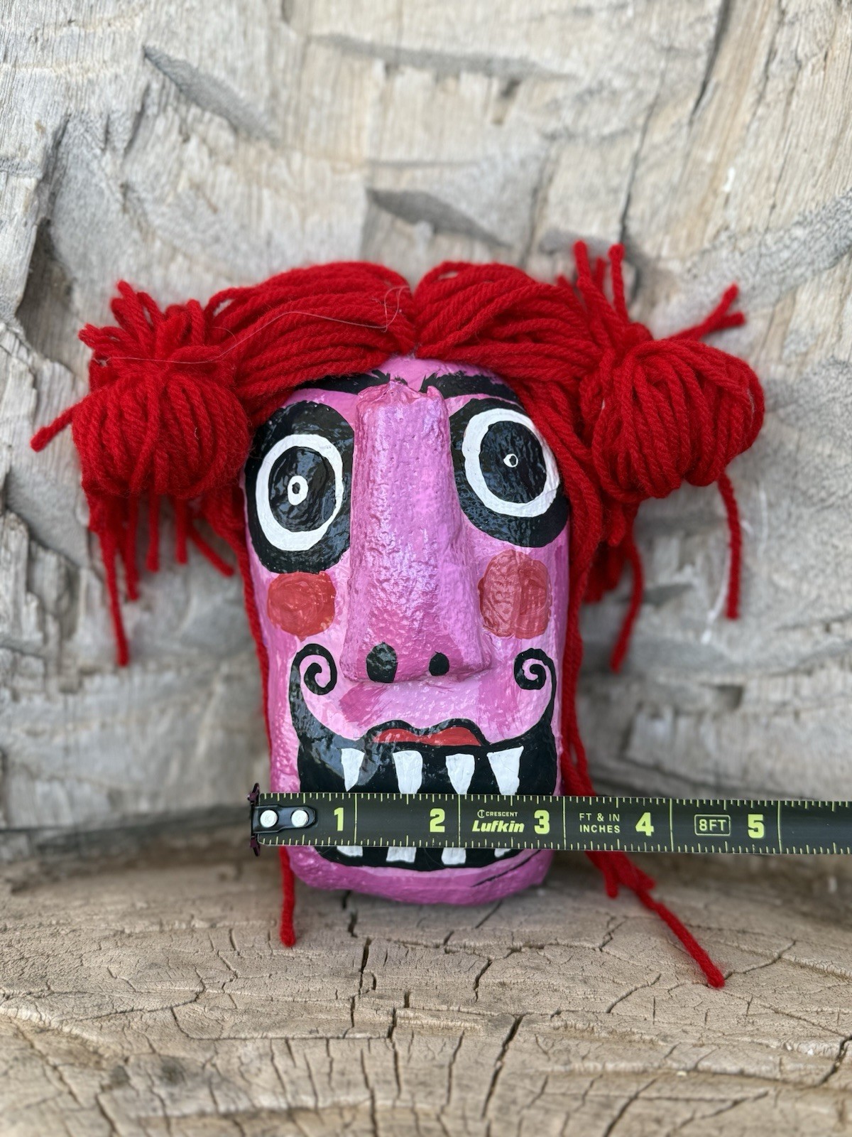 Handmade Paper Mache Pink Mess Red Hair Wall Mask