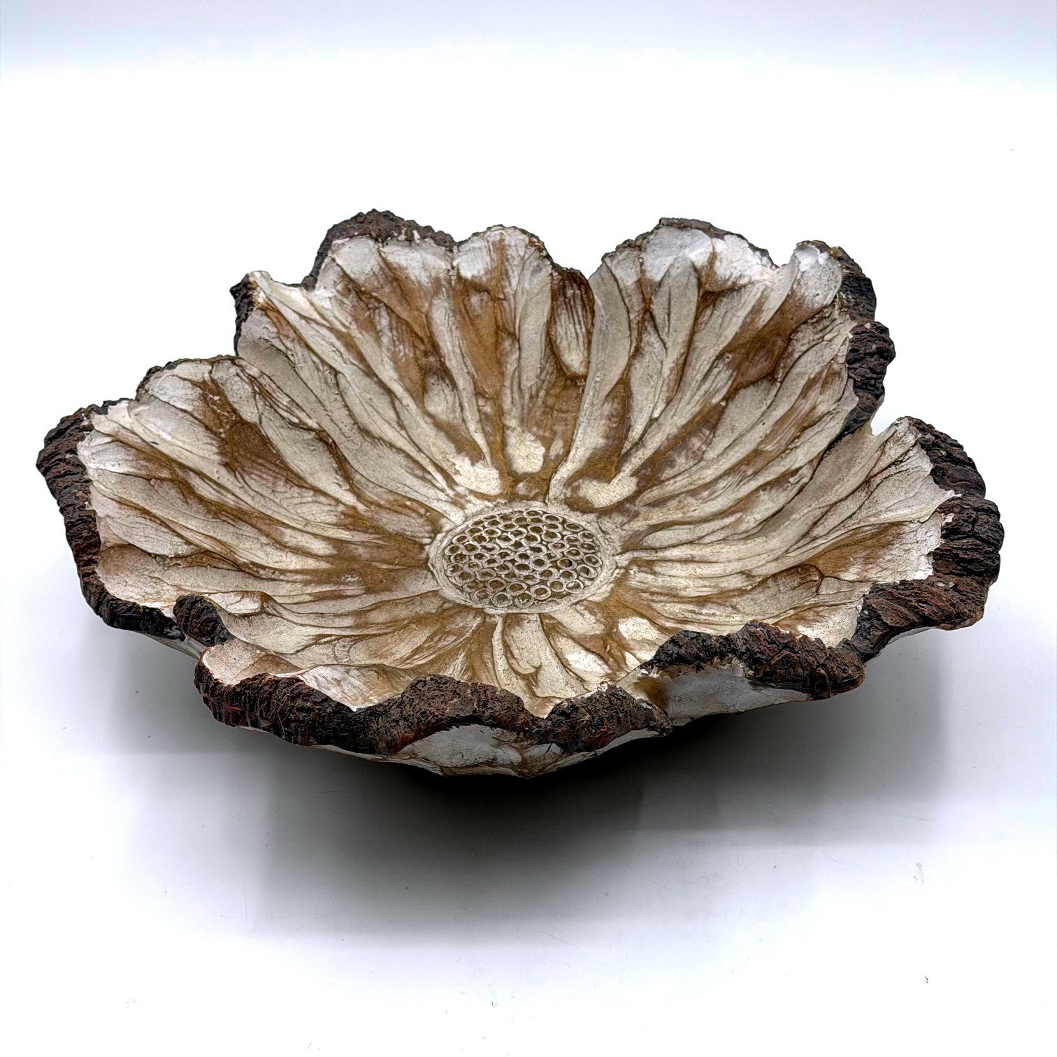 Rustic Flower Petal Decorative Bowl Brown Cream Textured Floral Centerpiece 11&Prime;