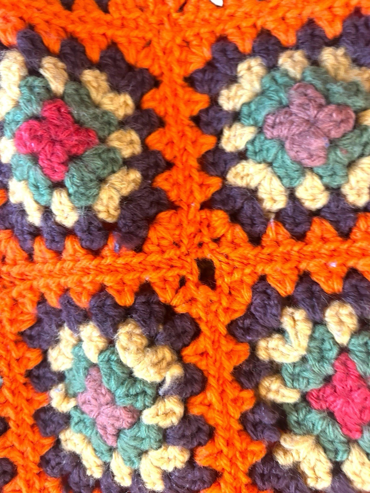 Vtg 70’s Granny Square Afghan Throw Blanket Roseanne Brown Orange Green