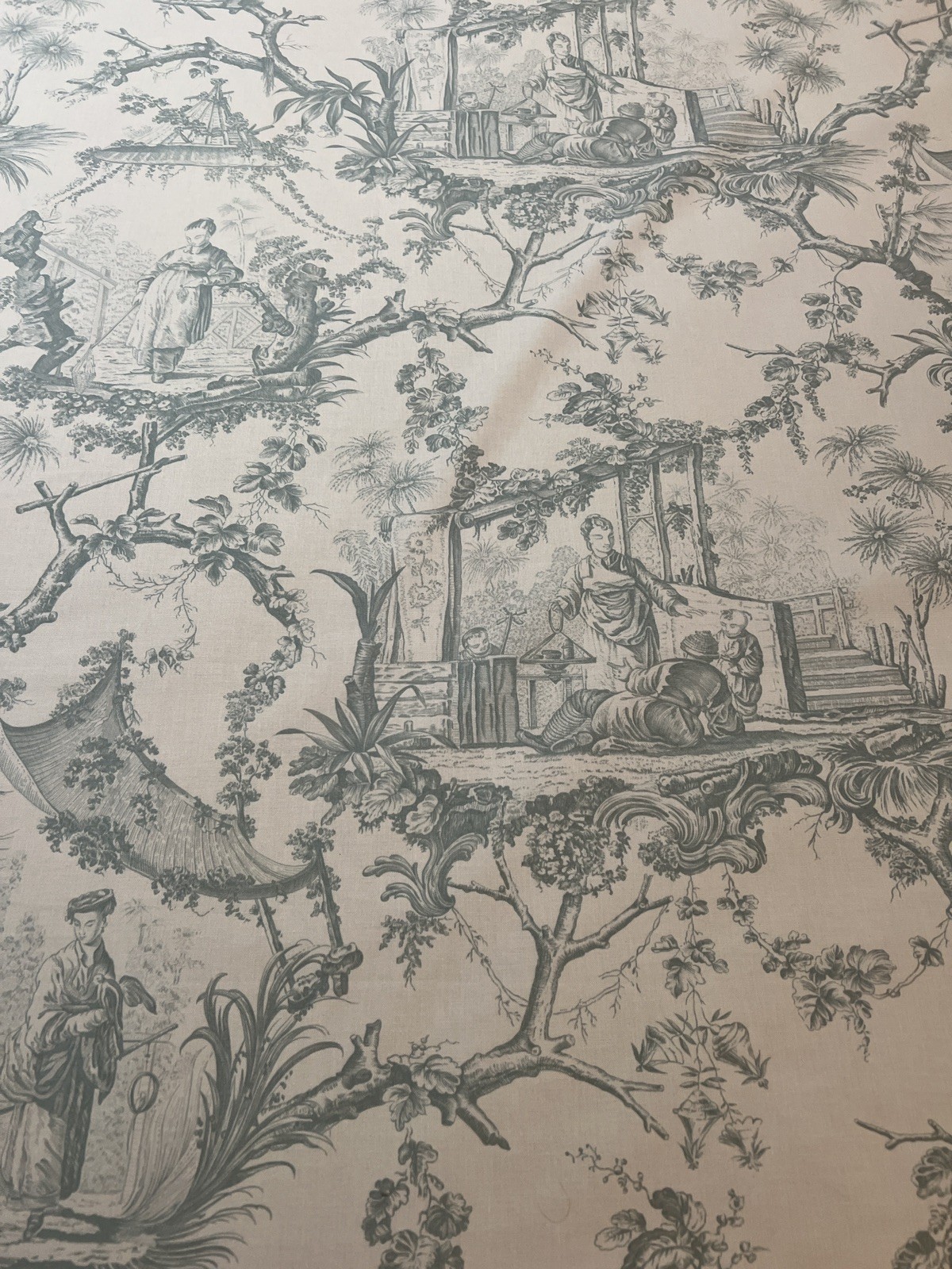 Toile Fabric Classic Chinoiserie Cotton Print Drapery Upholstery Teal and Ivory.