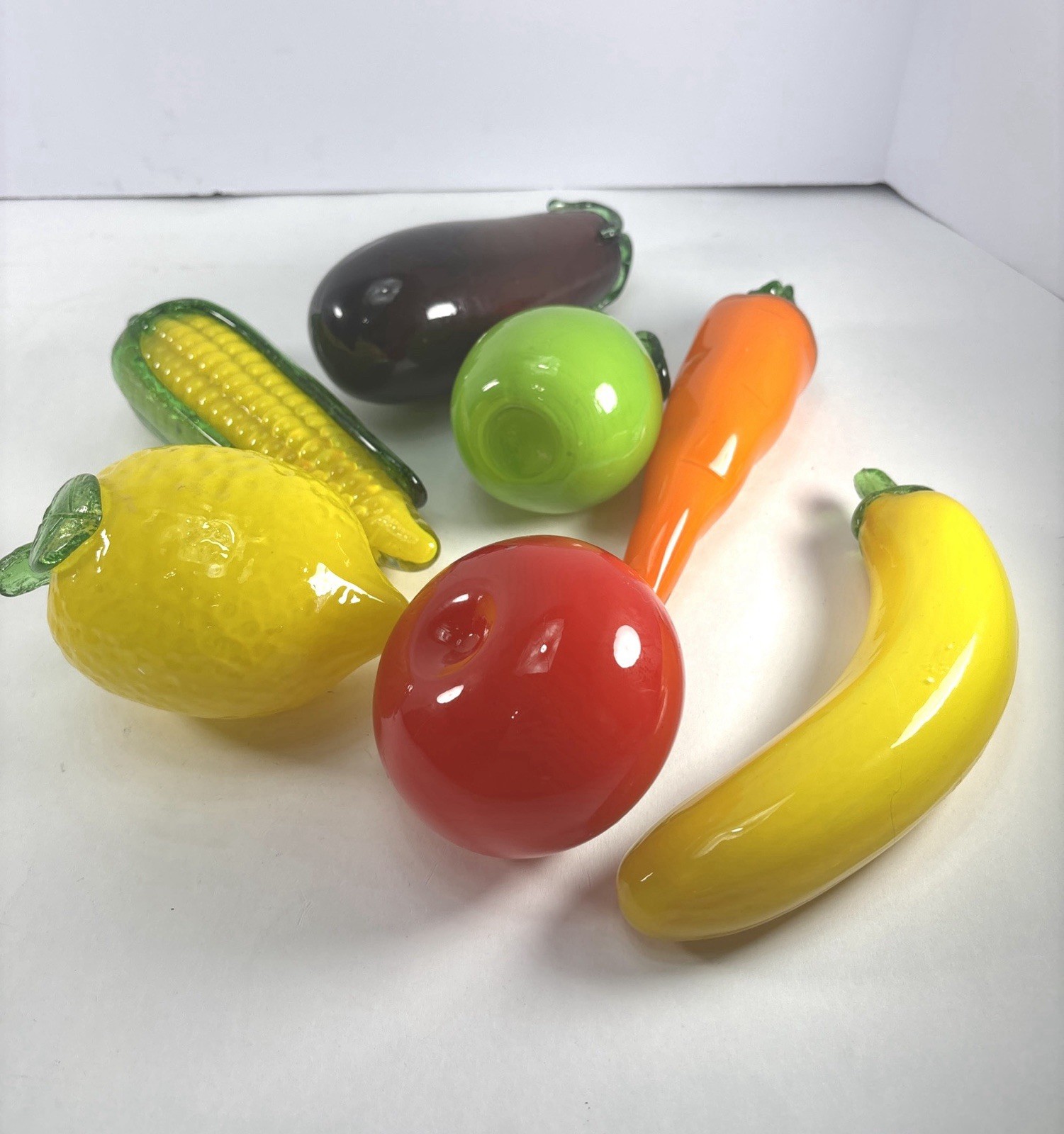 Vintage Lot Of 7 Blown Glass Art Glass Vegetables & Fruits Murano Style
