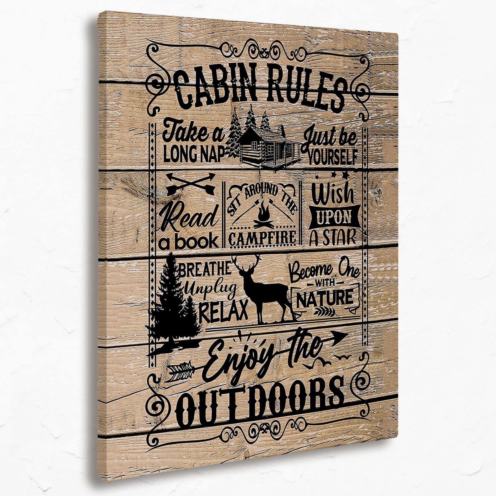 Funny Quote Cabin Rules Life Canvas Wall Art Prints,Wood Texture Paintings Pr…