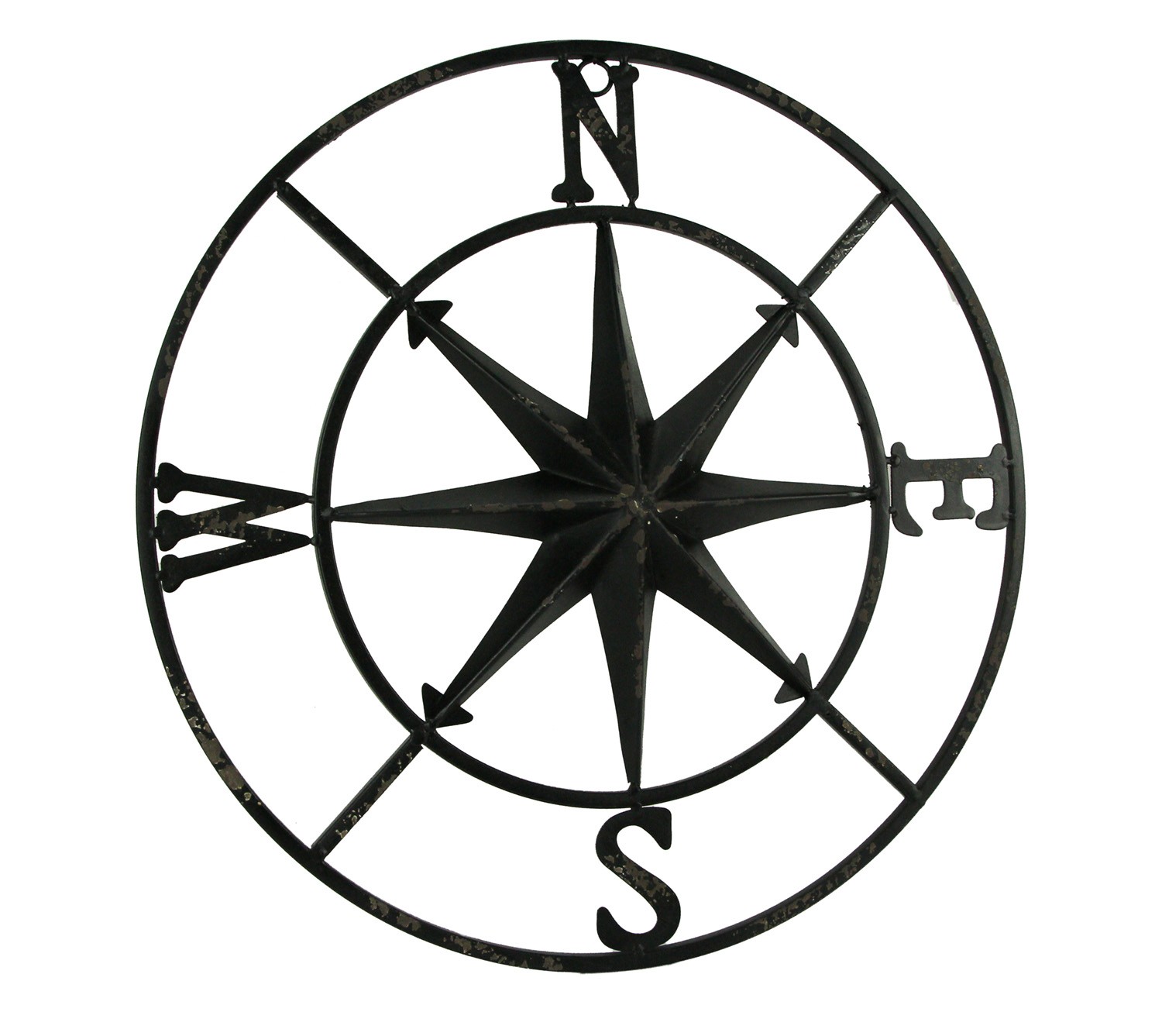 Scratch & Dent Distressed Metal Compass Rose Indoor Outdoor Wall Hanging – Black