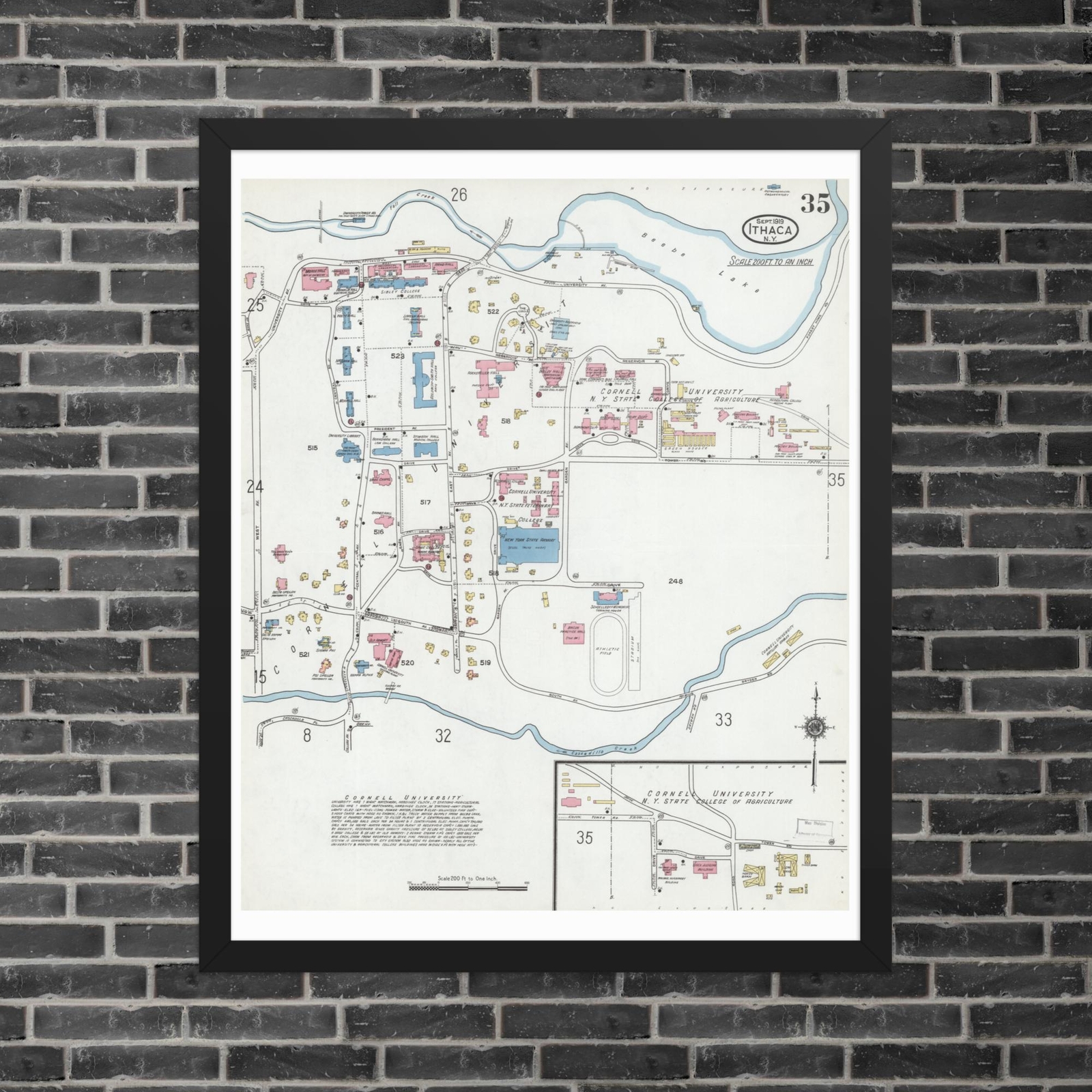 1919 Cornell University Map – Historic Ithaca, NY Map Print Framed 16&Prime; x 20&Prime;