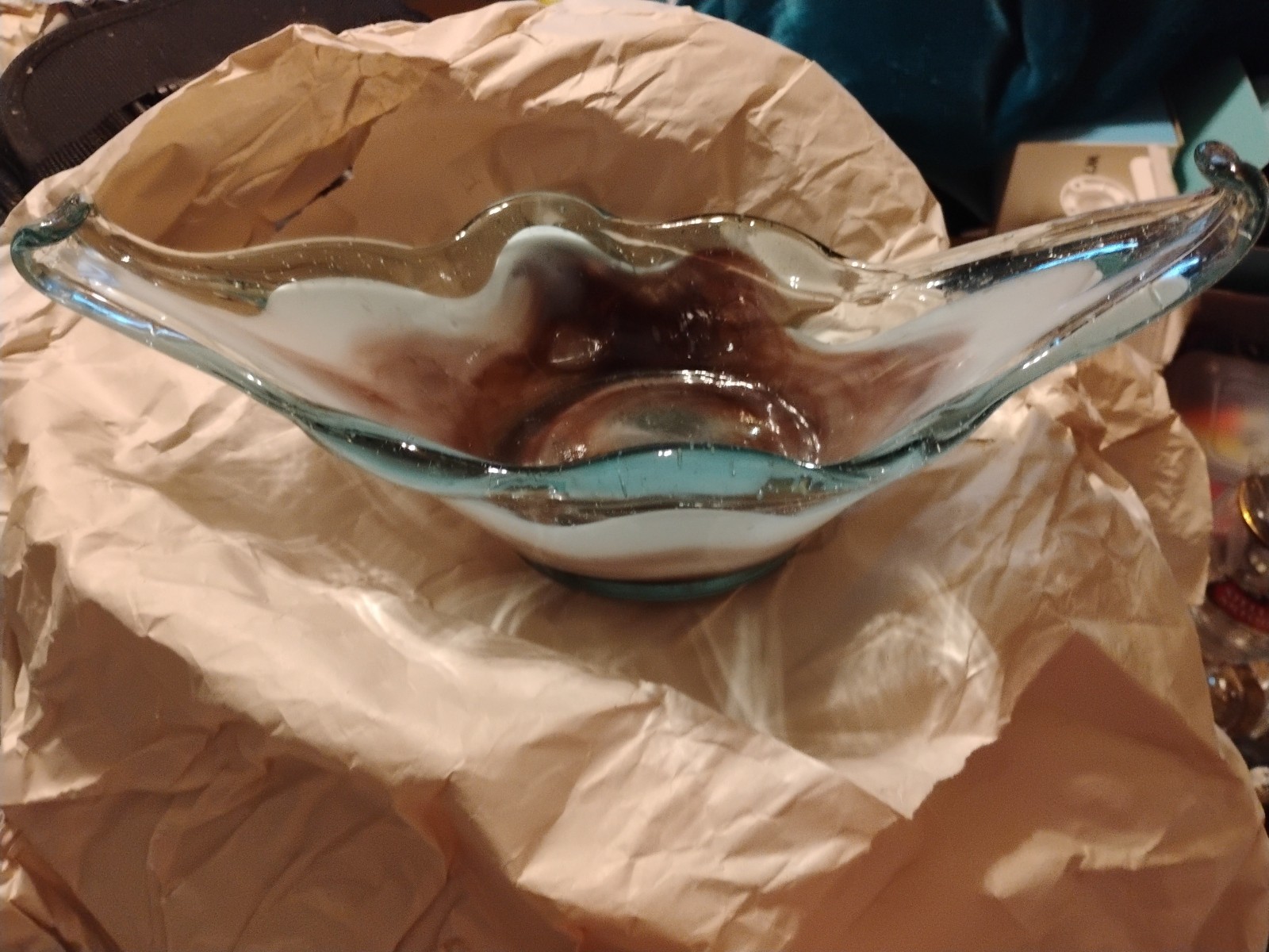 Brown And Blue Swirl Hand Blown Glass Decorative Dish