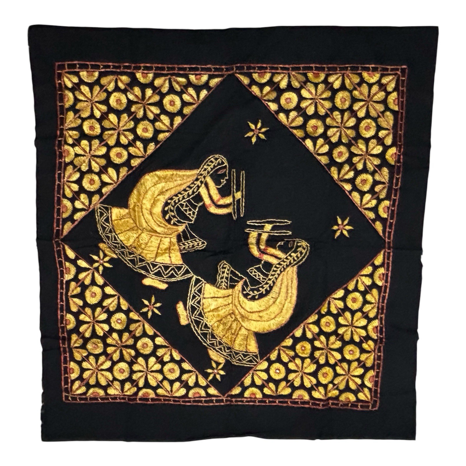 Embroidered Tapestry Fabric With Metal Disc Ethnic Asian Dancers Burmese Kalaga