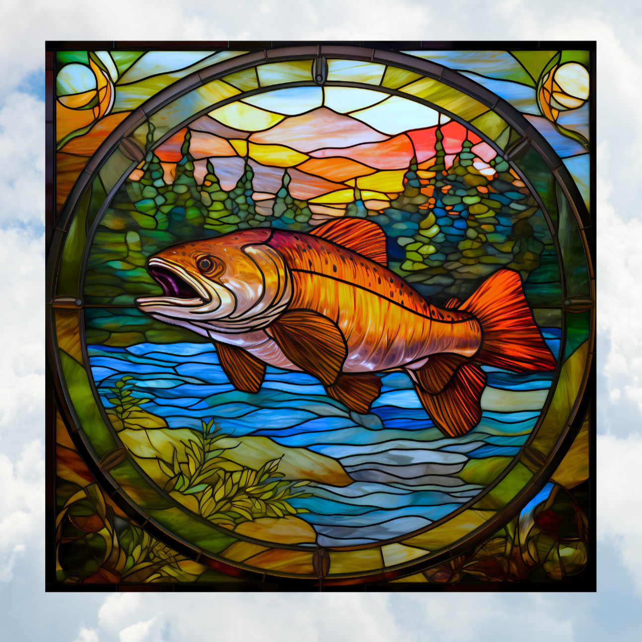 Trout Faux Stained-Glass WINDOW CLING Size 8&Prime; Repositionable Vinyl