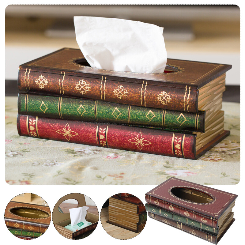 Wood Book Shape Tissue Box Retro Rectangle Napkin Paper Holder Storage Case.