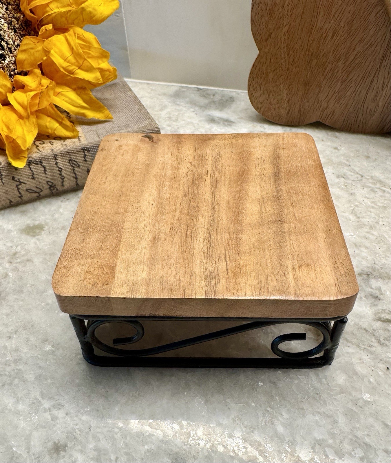 New Small Wooden Riser w/ Black Metal Scrolls Display Stand for Home Decor – 4”