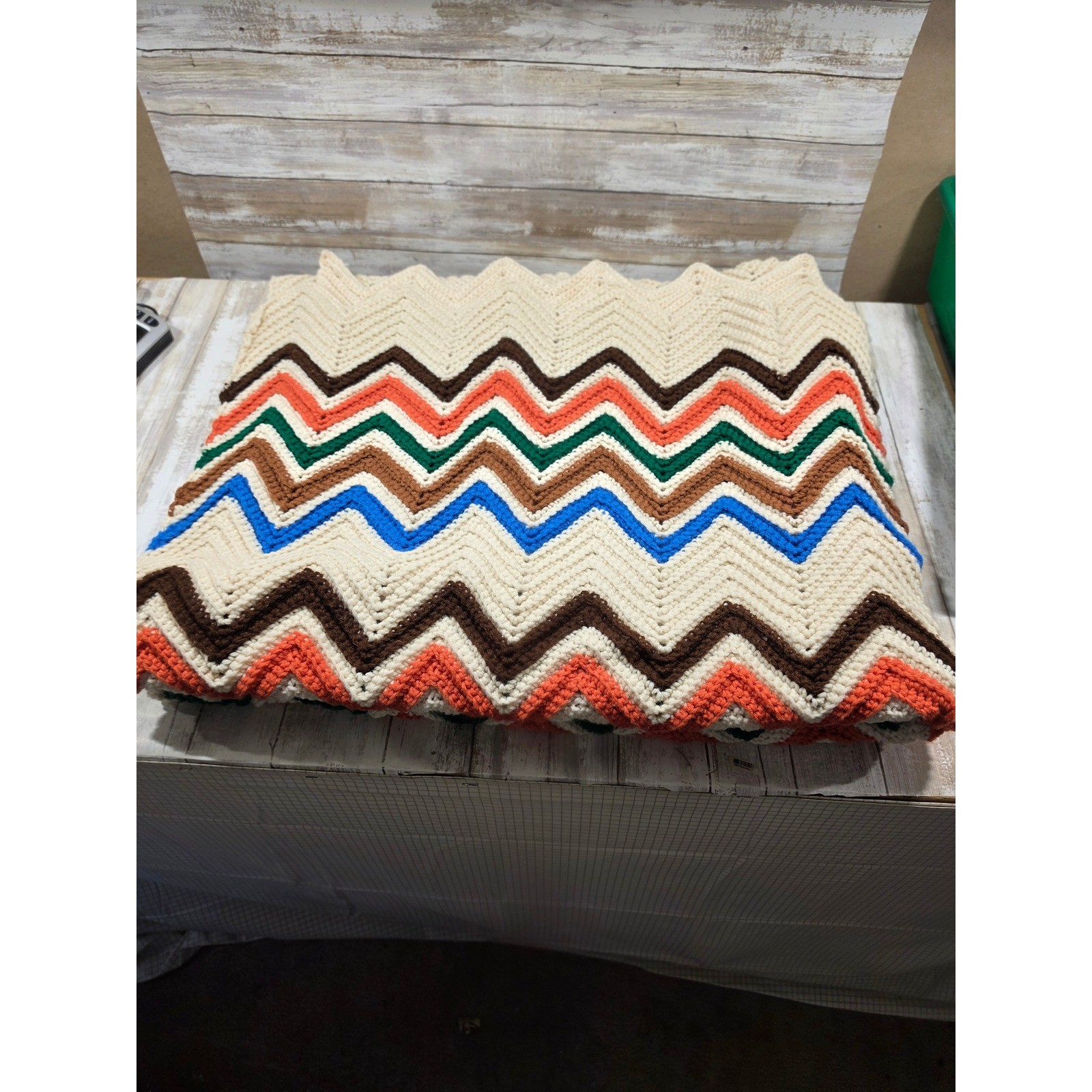 Vintage Handmade Crochet Afghan Blanket Chevron Ripple Multi Color 49×88 Throw