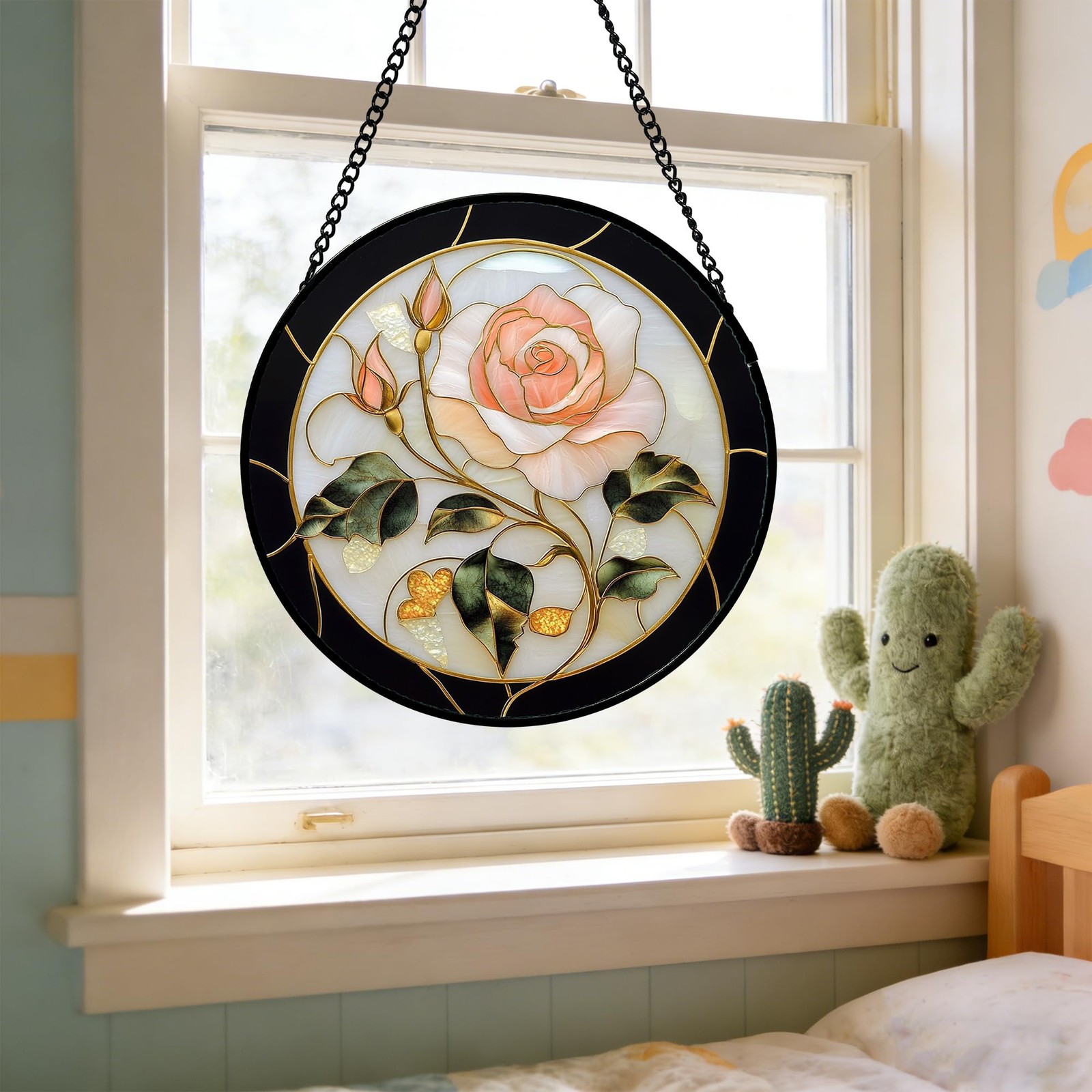 Stained Glass Sun Catcher Black Pink Rose Window Decor Gift for All Occasions